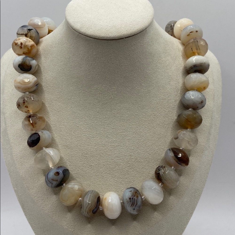 Sterling Silver 925 Botswana Hand Knotted Faceted Agate Bead Necklace 20.5”L